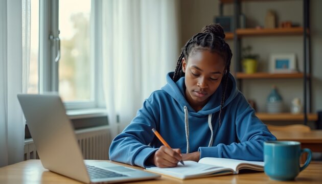 Young african girl studies at home with laptop. Focused woman learning and writing in notebook. Student prepares for test or online lesson. Home education concept at cozy interior in daylight.