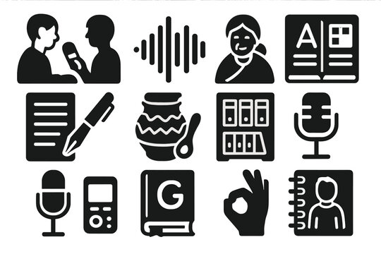 Language Preservation Icons. Solid style icons of Language preservation: oral interview, sound wave, dictionary page,