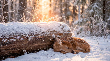 Young fawn resting in snowy forest at sunrise with sparkling frost. Use for winter greeting cards, nature calendars, wildlife promotions and peaceful holiday messaging.