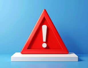 A red triangular warning sign with a white exclamation point rests on a white pedestal against a blue backdrop