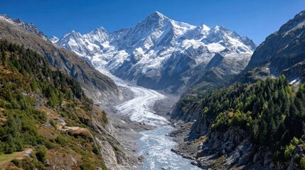 Aletsch Glacier carves through valleys, under a clear sky. Majestic mountains meet icy river in a spectacular landscape