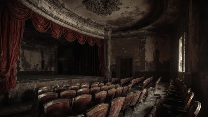 Dilapidated theater interior with decaying walls, dusty seats, and red stage curtains