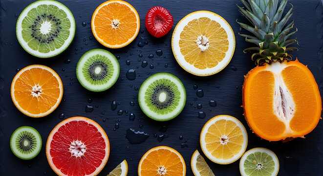 Colorful fresh fruit slices with water droplets on a flat surface