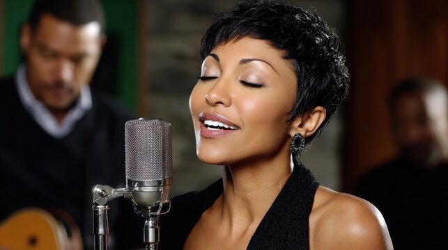 A soulful African American female singer performs with passion on stage, her voice amplified by a classic microphone, supported by her band