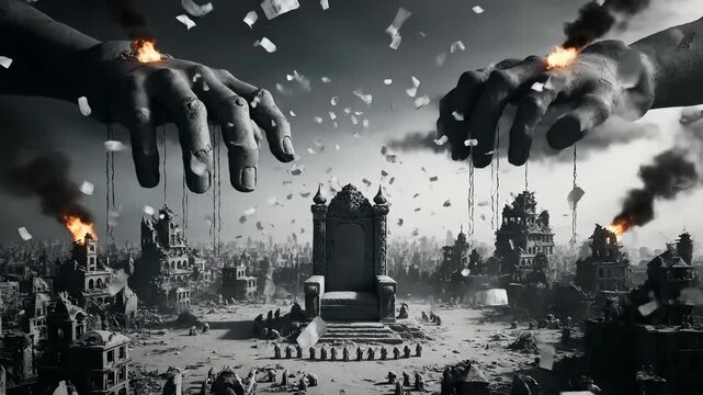 Dystopian puppet master controlling a ruined world