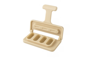 Beige plastic pill organizer displaying empty compartments