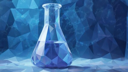 Erlenmeyer flask filled with blue liquid on a geometric background.