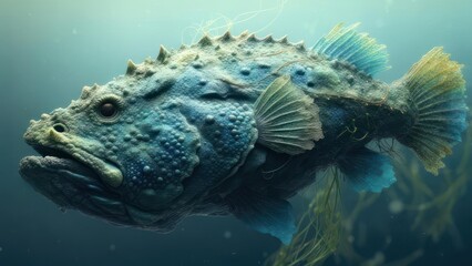 Digital illustration of a large, textured fish with spiny skin, swimming in blue-green water