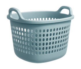 A plastic laundry basket with handles for transporting clothes to the laundry room.