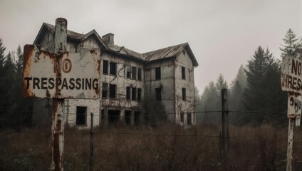 Derelict, multi-story building with "Trespassing" sign, fenced off, under overcast sky
