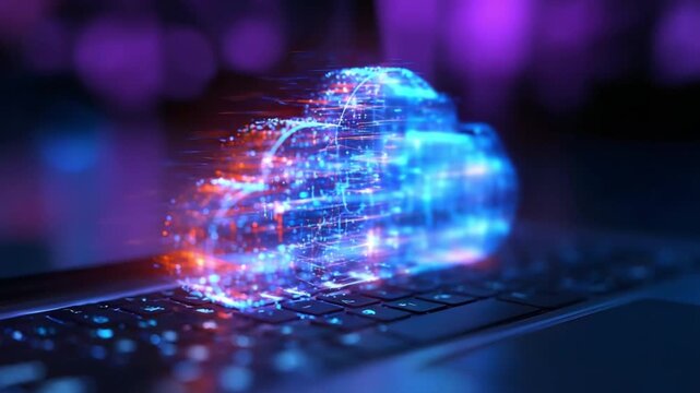 Glowing digital cloud data stream emanating from a dark laptop keyboard with blue and orange light effects