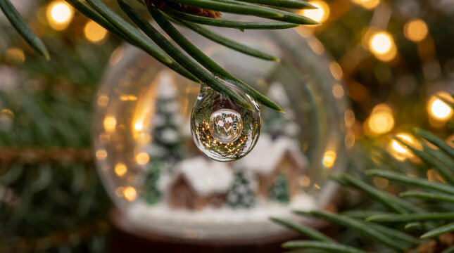 Water droplet reflecting snowy village scene on pine needles. Use for creative holiday ads, winter greeting cards, artistic branding and seasonal product promotion.