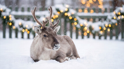 Resting reindeer in snow with soft lights. Use for holiday, wildlife, seasonal and Christmas marketing.