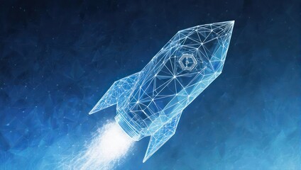 Digital Rocket Launch - Low Poly Design Ascending in Blue Space.