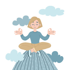 Illustration of a woman meditating in lotus pose atop mountain surrounded by clouds, symbolizing mental health, mindfulness, and inner peace, wellness, relaxation