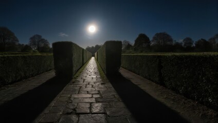 Evening garden scene with stone pathway, high hedges, trees, and bright moon