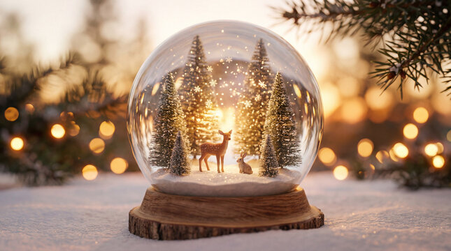 Snow globe with deer and rabbit in glowing winter forest. Use for Christmas cards. seasonal storytelling. holiday marketing and festive product displays.