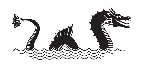 Mythical Sea Serpent or Dragon Silhouette in Waves - Legendary Creature Vector Illustration