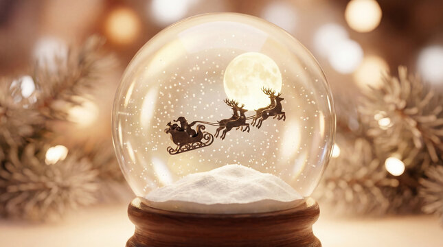 Santa and reindeer flying over snowy scene in glowing snow globe. Use for Christmas cards, seasonal advertising, festive branding and holiday story visuals. - Powered by Adobe
