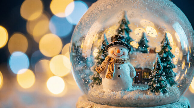 Cheerful snowman inside festive snow globe. Use for children’s Christmas cards, holiday marketing, seasonal branding and winter celebration visuals.
