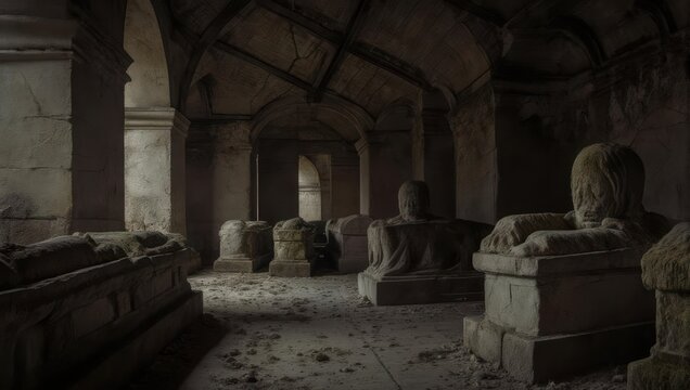 Dimly lit crypt with stone figures and sarcophagi, aged, cavernous, and with arches and high ceiling