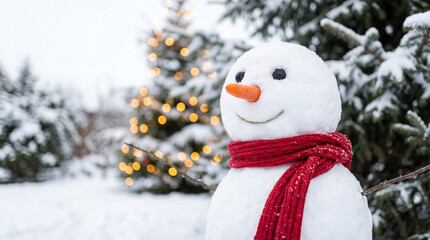 Classic snowman with red scarf beside snowy evergreens and warm lights. Use for winter tourism, promotions, holiday greeting cards, seasonal family marketing, festive ads.