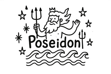 Poseidon's Doodle Design. Doodle poseidon with stars, tridents, and waves, center word &ldquo;Poseidon&rdquo; in black and white isolated