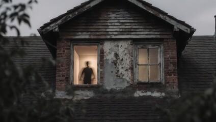 Dimly lit interior of old, weathered house with a blurred figure in window during dusk