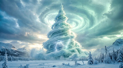 Fantasy winter storm swirling into a giant Christmas tree shape. Use for creative holiday campaigns, dramatic seasonal posters, winter event marketing and digital art promotions.
