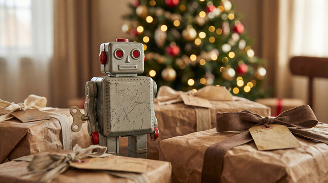 Vintage toy robot standing among wrapped presents near a Christmas tree. Use for nostalgia themed marketing, toy store promotions, holiday advertising and family gift campaigns.
