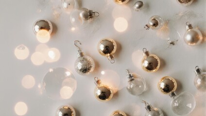 Elegant Christmas Ornaments on White Background with Bokeh Lights.
