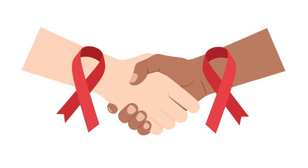 Handshake with red ribbon symbolizing hiv aids awareness isolated on