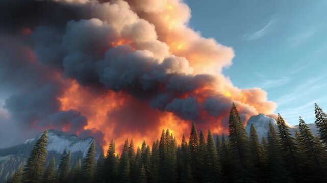 Massive raging wildfire explodes with intense orange flames and dark smoke above a mountain forest landscape