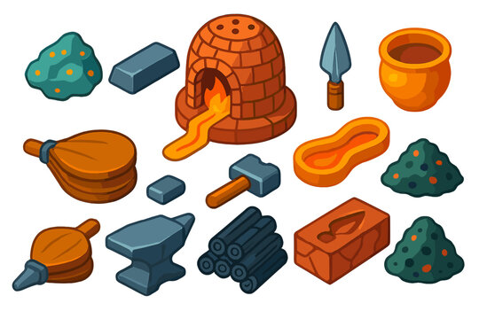 Ancient Metallurgy Icons. Isometric vector illustration set Ancient Metallurgy: dome smelting furnace, unrefined ore, iron ingot,