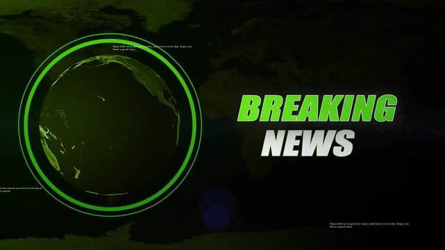 Global news update with a spinning earth and green breaking news text