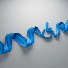 Empowering accessibility and inclusion with a modern wheelchair symbol intertwined with flowing blue ribbon for disability awareness campaigns
