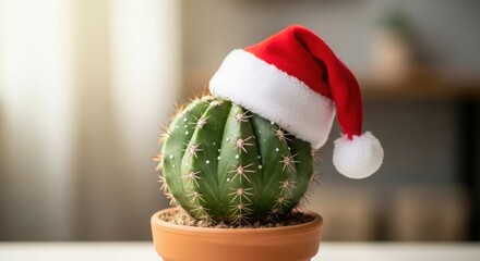 Potted green cactus wearing a red santa hat for christmas
