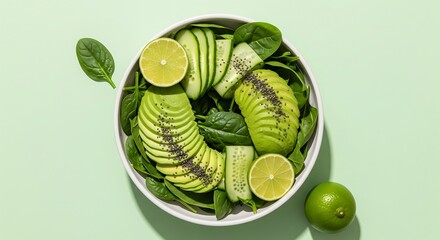 Vibrant bowl of healthy green goodness showcasing fresh avocado, spinach, cucumber, and lime for a delicious and nutritious salad inspiration