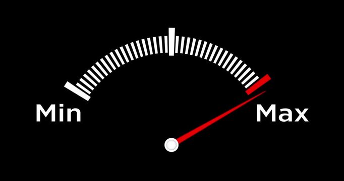 Gauge scale with moving red arrow from Minimum to Maximum. Measuring instrument, scale level indicator isolated on alpha channel