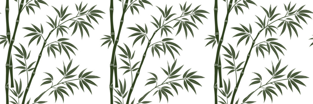 Elegant bamboo leaf pattern artwork with seamless repeating branches design. Minimalist botanical illustration ideal for natural themed decor projects. Clean oriental foliage background vector.