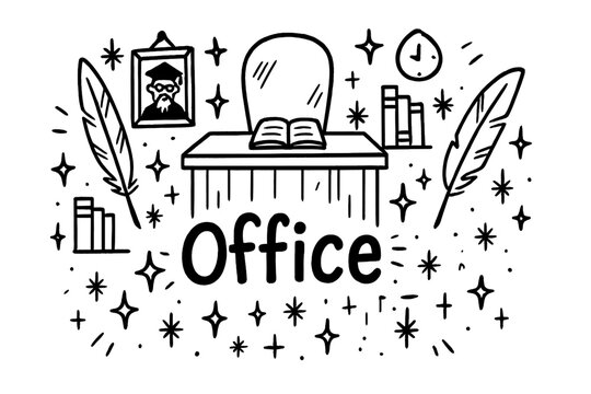 Whimsical Office Doodle. Doodle headmaster&rsquo;s office with stars, quills, and sparkles, center word &ldquo;Office&rdquo; in black and white