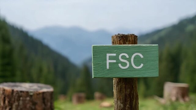 Green sign displays FSC initials mounted on a wooden post in a clearing among tree stumps