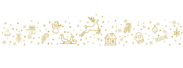 Golden reindeer and sleigh Christmas border with festive winter icons, cheerful holiday divider with gifts, mittens and ornaments