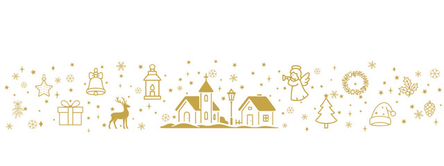 Golden Christmas village border with angel, wreath and festive lanterns, warm winter holiday scene in decorative line style