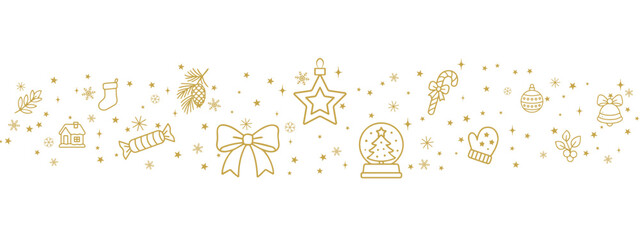 Festive golden Christmas ornament border with star baubles, snow globe and holiday treats, playful winter decorative divider