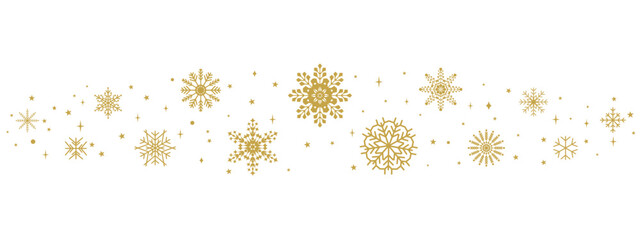 Elegant golden snowflake ribbon with sparkling stars, delicate winter divider for New Year projects and festive greeting designs