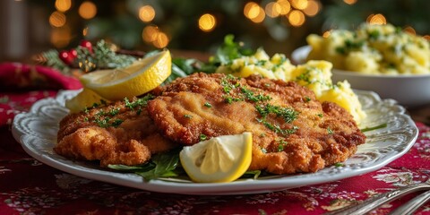 Obraz premium Golden crispy schnitzel served with potato salad and lemon slices rests on a festive tablecloth in warm Christmas light.