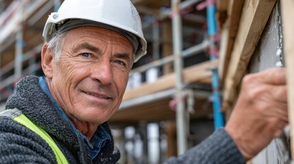 Focused and determined, the construction worker smiles as he surveys his work on the building site, ensuring quality and progress on this important development