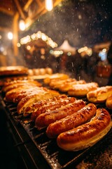 Golden bratwursts sizzle on a steaming grill, served in crusty buns under glowing Christmas market lights and gentle snowfall.