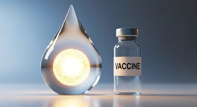 Discover hope with modern vaccine vial and glowing droplet, promising health solutions for a brighter future, designed for medical and scientific campaigns
